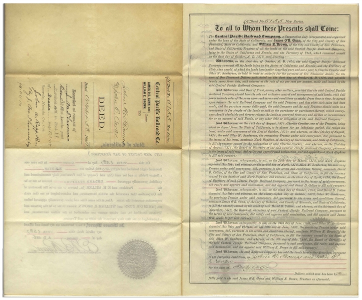 Leland Stanford Deed Signed in 1886 as President of the Central Pacific Railroad Company